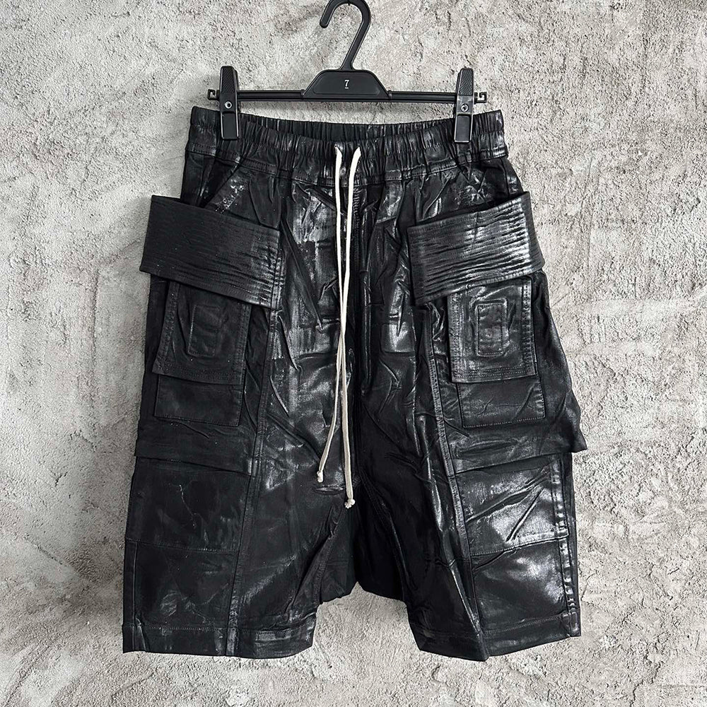 Rick Owens Dekshdw Men's Summer Flap Pocket Waxed Elastic Waist Solid Color Loose Fit Denim Shorts Ngvp #1548