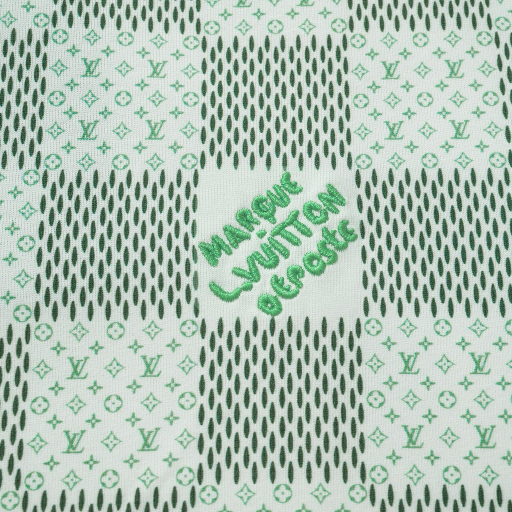 Louis Vuitton Men's Green Checkerboard Graphic Crew Neck Cotton Short Sleeve T-Shirt #99471