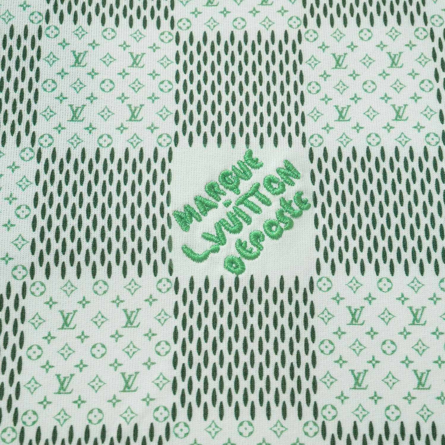Louis Vuitton Men's Green Checkerboard Graphic Crew Neck Cotton Short Sleeve T-Shirt #99471
