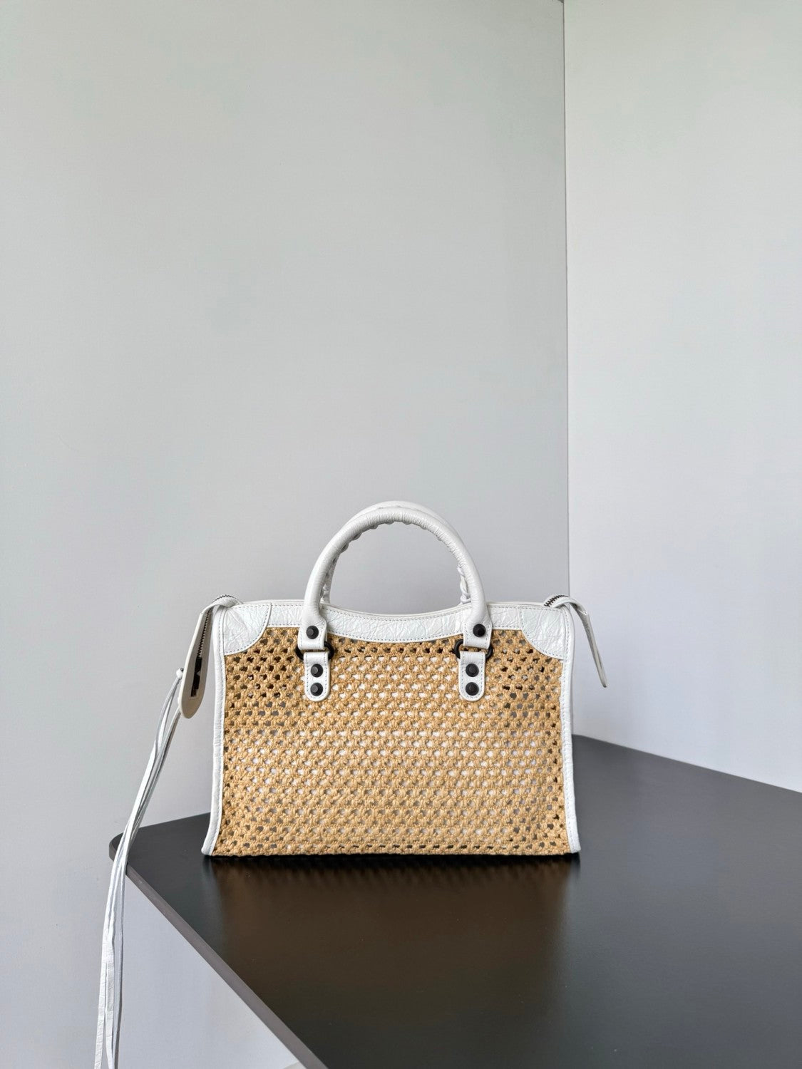 Balenciaga Le City Raffia-effect Fabric Small Handbag Black And White Fashionable Classic Handbag And Crossbody Bag Bags #84325A