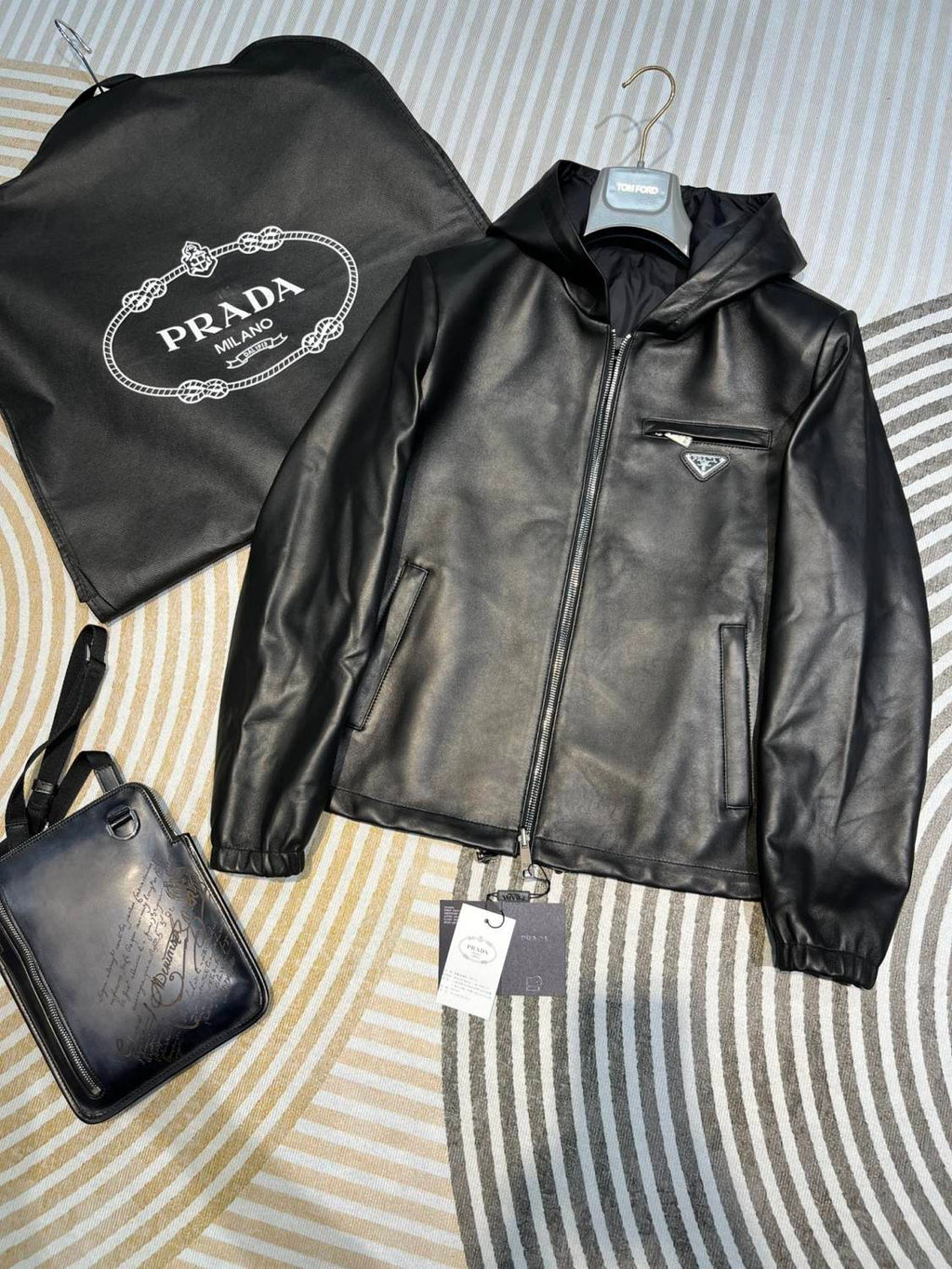 Prada Men's Fall/Winter Black Triangle Metal Label Lambskin Reversible Wearable Zipper Jacket #72112