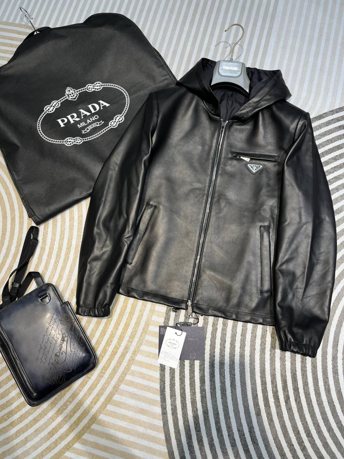 Prada Men's Fall/Winter Black Triangle Metal Label Lambskin Reversible Wearable Zipper Jacket #72112