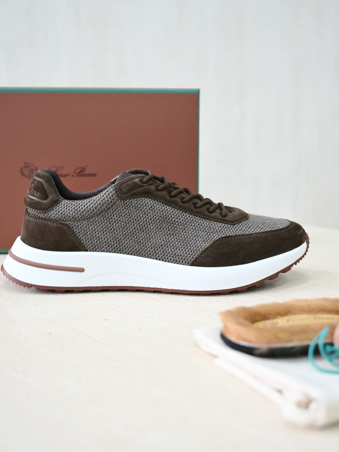 Loro Piana Week End Walk Wool Thick Sole Lace Low Top Lifestyle Shoes Men's Brown Green #332220