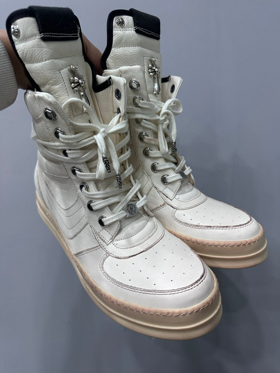 Rick Owens x Chrome Hearts Geobasket Men's And Women's Solid-colour Leather High-top Lace-up Side Zip Casual Shoes #77726