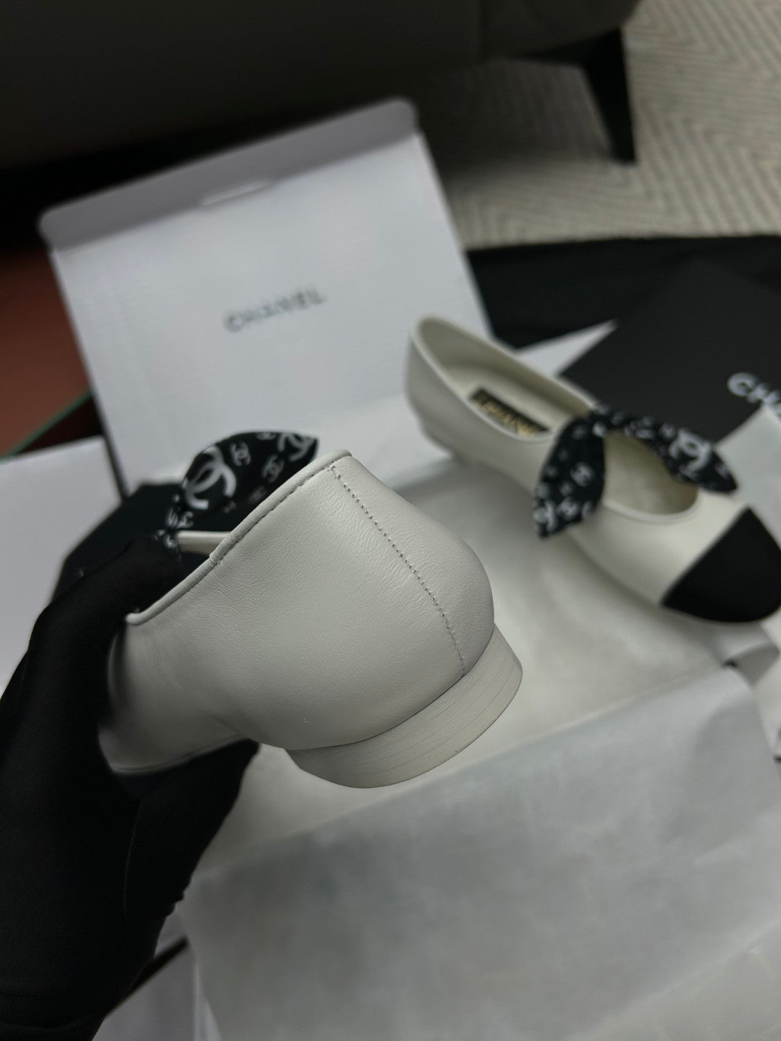 Chanel Mary Janes Lambskin Silk Grosgrain White Black #334248