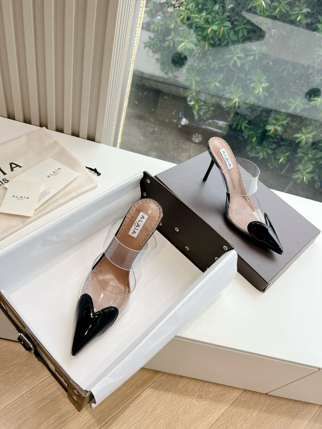 Alaia Women's Summer Fashion Elegant Pointed Toe Heart Shaped Mule Stiletto Leather Sole High Heels #78328