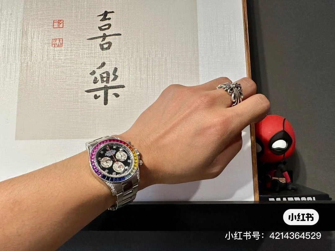 Rolex Men's and Women's Colorful Crystal Diamonds Steel Strap Waterproof Watch #99898