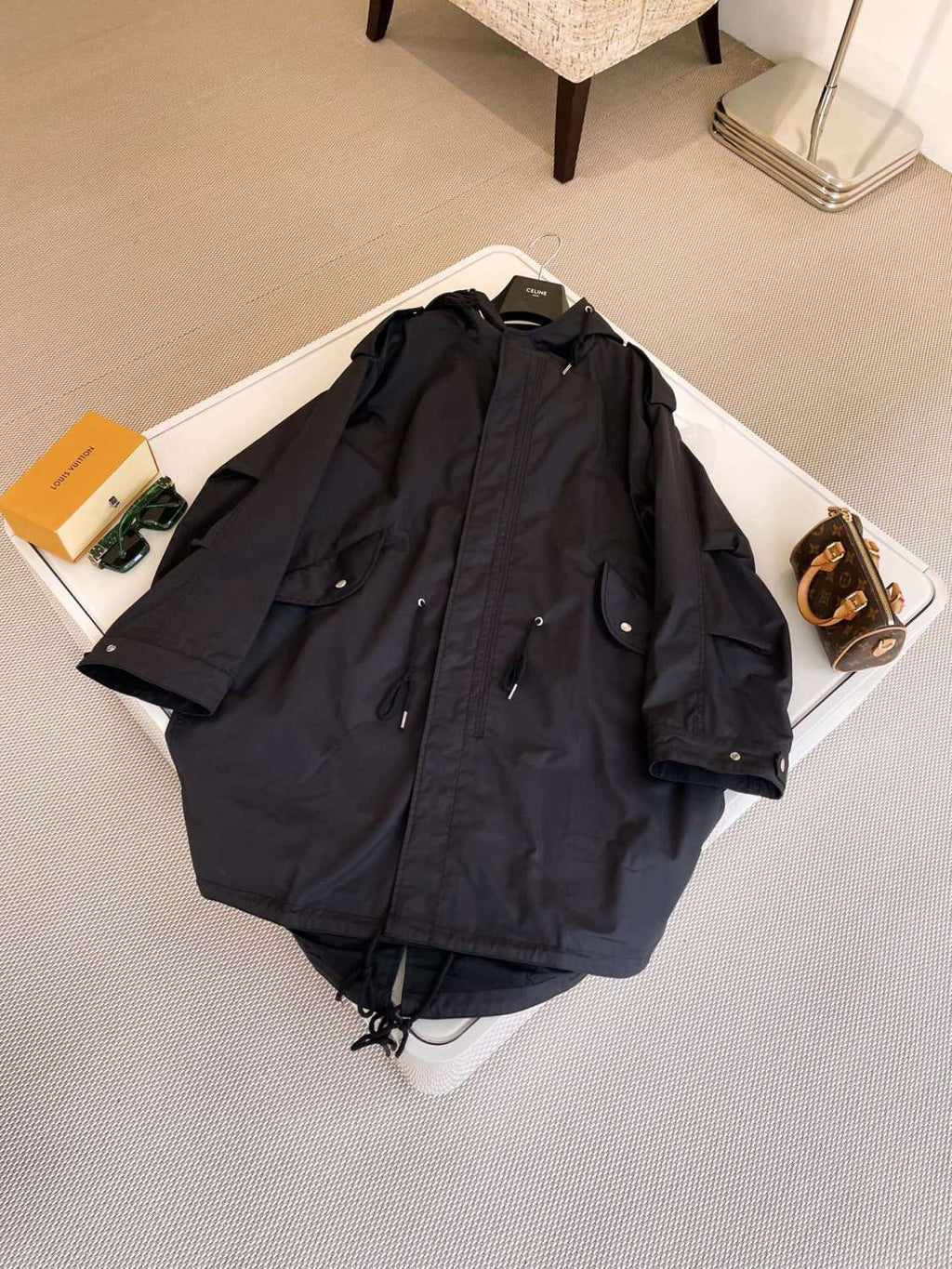 Celine Men's Spring and Autumn Black Hooded Pocket Zipper Parker Windbreaker Jacket #73178