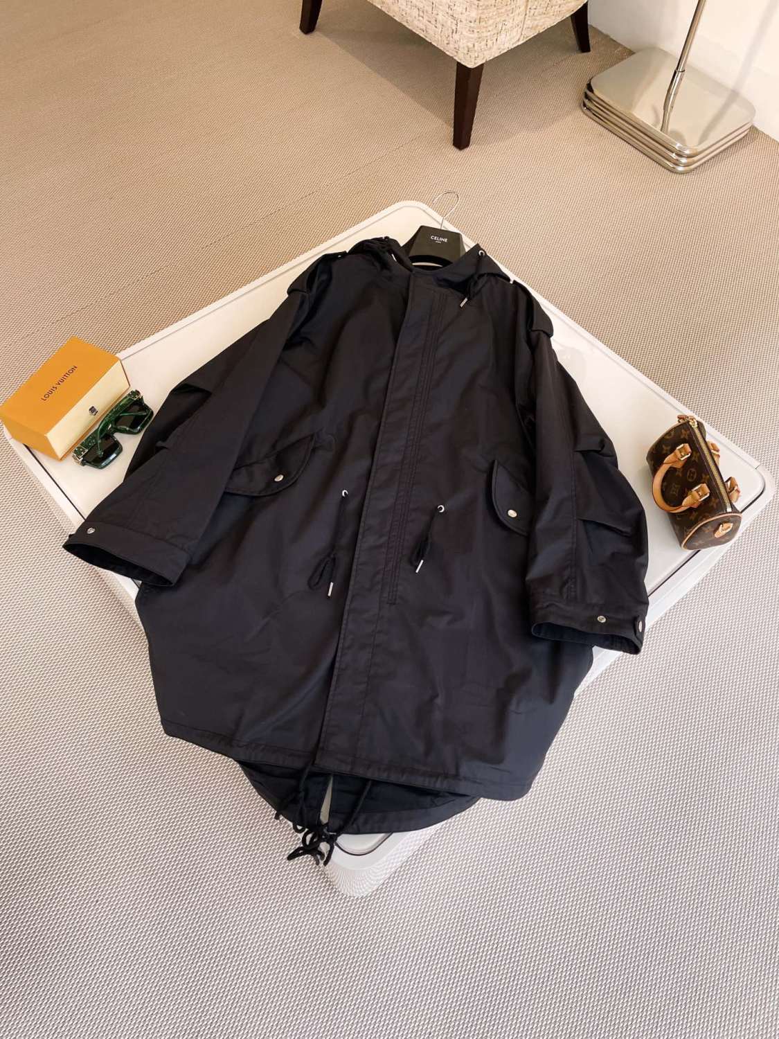 Celine Men's Spring and Autumn Black Hooded Pocket Zipper Parker Windbreaker Jacket #73178