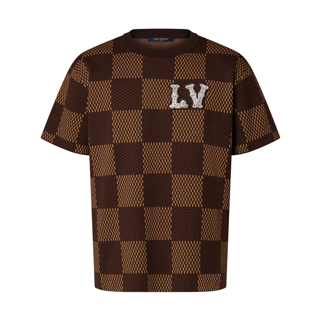Louis Vuitton Men's Summer Brown DAMIER LV Faux Crystal Logo Checkerboard Cotton Short Sleeve Round Neck T-Shirt #98212