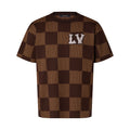 Louis Vuitton Men's Summer Brown DAMIER LV Faux Crystal Logo Checkerboard Cotton Short Sleeve Round Neck T-Shirt #98212