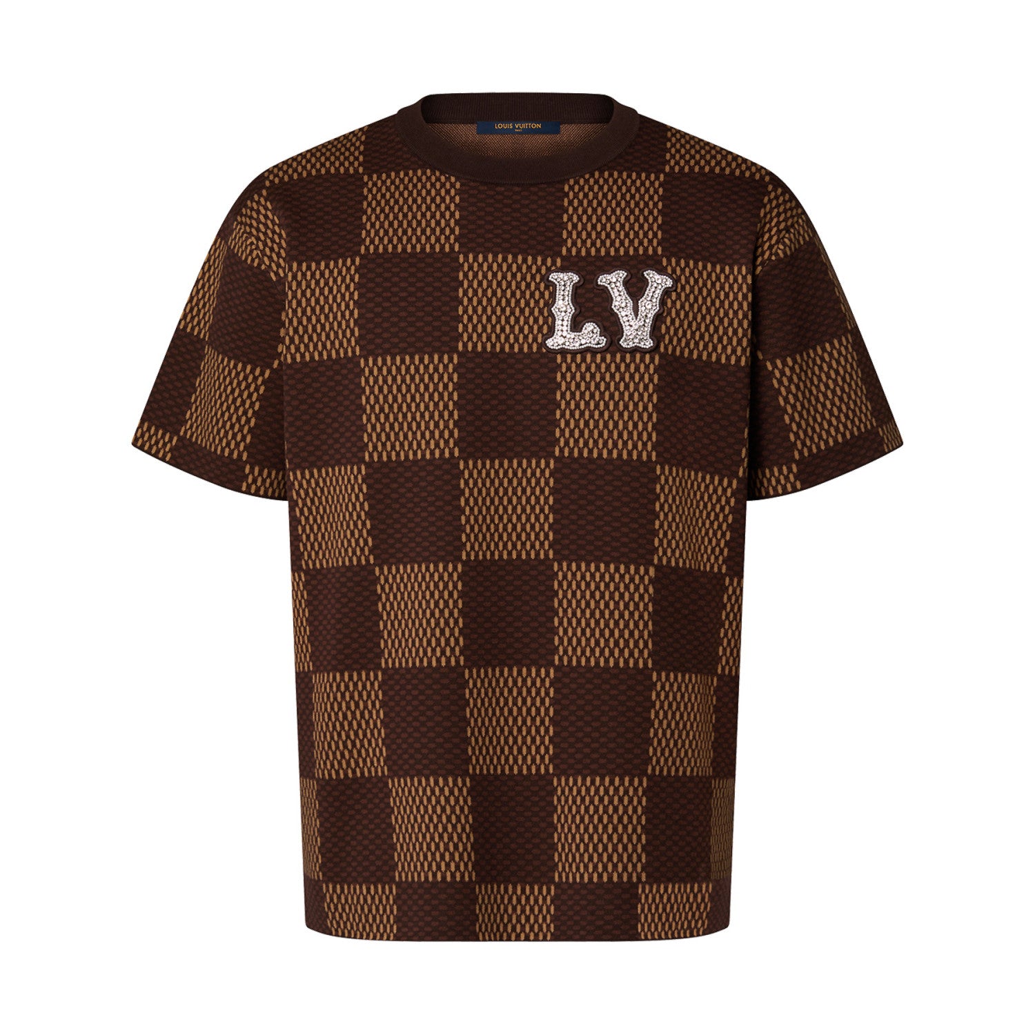 Louis Vuitton Men's Summer Brown DAMIER LV Faux Crystal Logo Checkerboard Cotton Short Sleeve Round Neck T-Shirt #98212