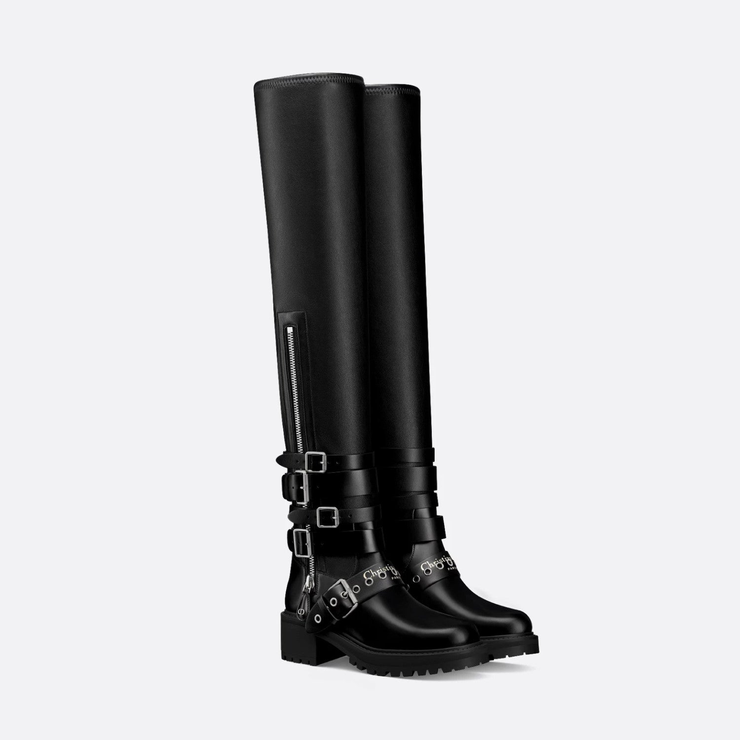Dior D-Fight Women's Fall/Winter Classic Fashion Round-Toe Zipper Chunky Heel Leather Over-the Knee Boots Shoes #78766