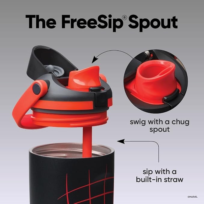 Owala Spider-Man FreeSip Sway Insulated Stainless Steel Water Bottle with Two-Way Spout. Built-in Straw and Bucket Handle. Suitable for School and Sports. 30 oz (approx. 850.5 g). BPA-Free. Leak-Proof. Night Watch