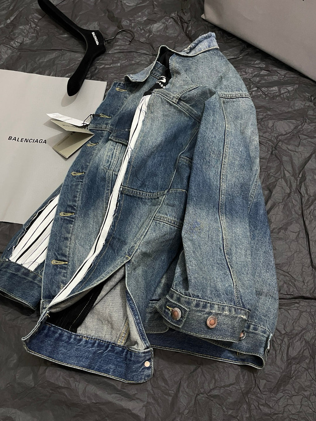 Balenciaga CUT-UP Men's Spring/autumn Fashion Casual Striped Single Breasted Pocket Striped Long Sleeved Collared Loose Fitting Denim Jacket #78365