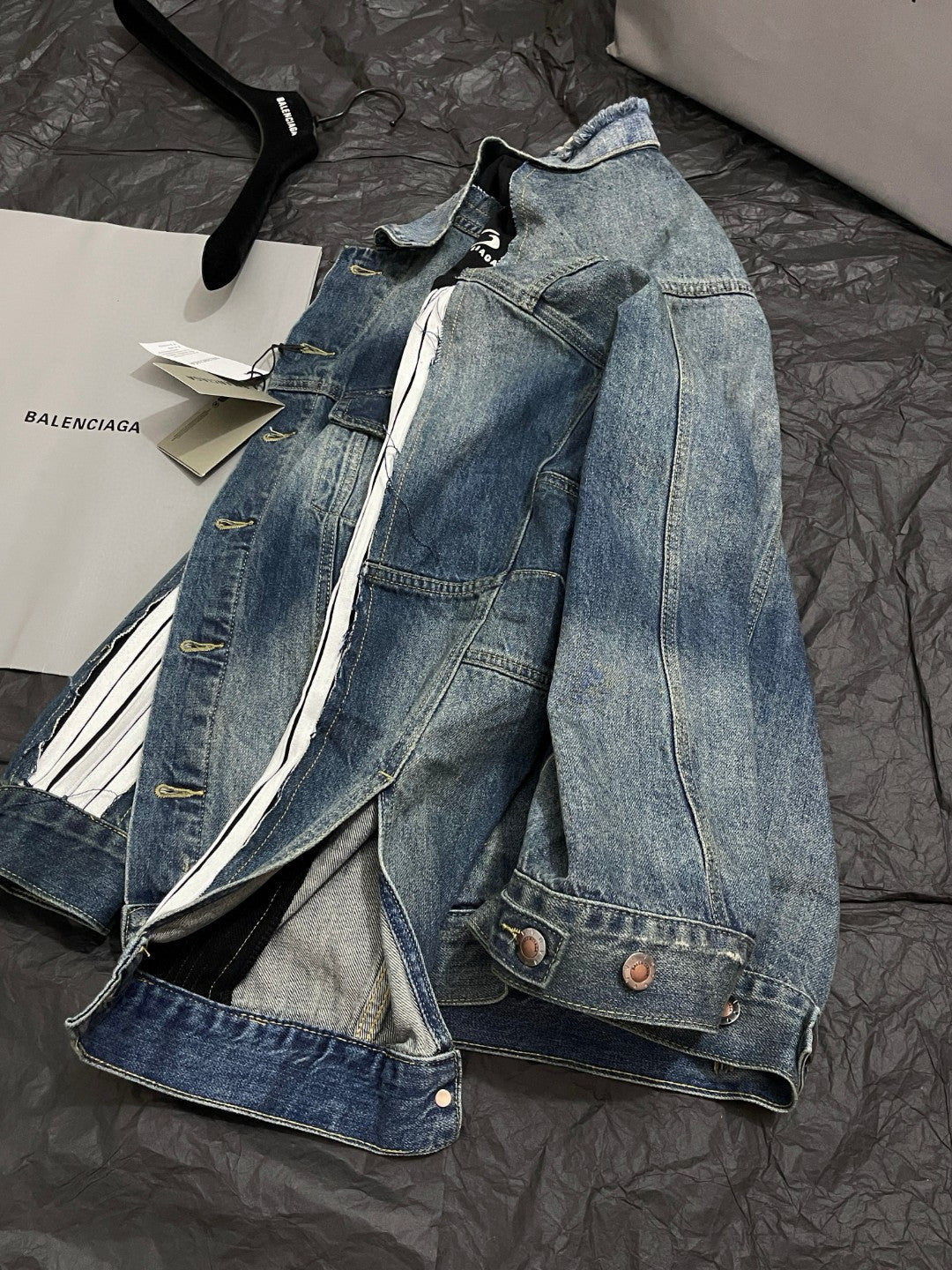 Balenciaga CUT-UP Men's Spring/autumn Fashion Casual Striped Single Breasted Pocket Striped Long Sleeved Collared Loose Fitting Denim Jacket #78365