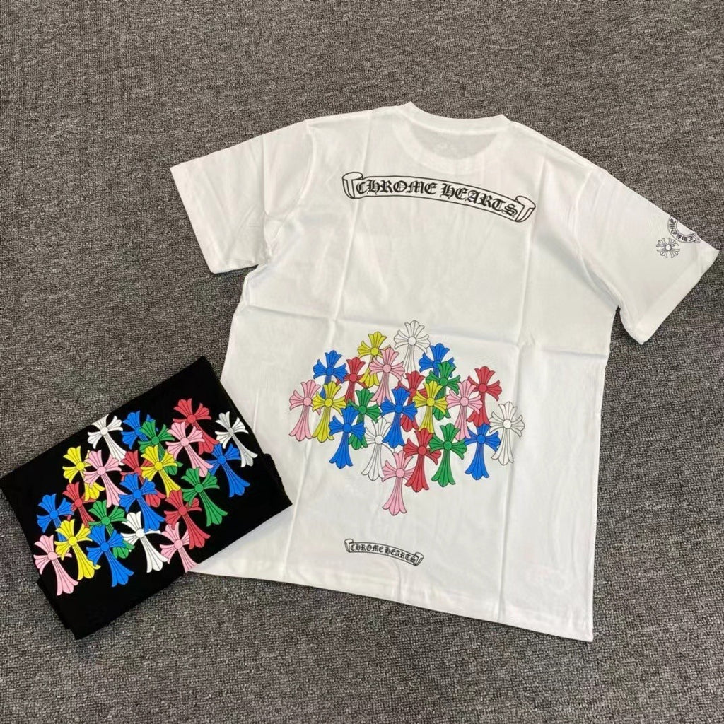 Chrome Hearts Men's Women's Summer Tide Sanskrit Letters Colourful Cross Logo Short-Sleeved T-Shirt Round Neck Short-Sleeved Casual T-Shirt #81147