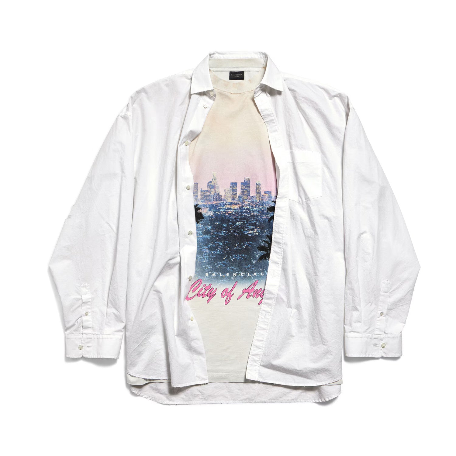 Balenciaga Men's Layered Shirt In White Spring And Fall High Street Trend Non-removable Two-piece Printed Graphic T-shirt Fashion Casual Shirt Ngvp #2422
