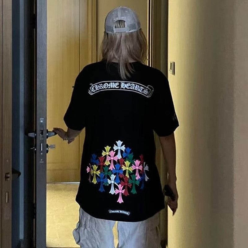 Chrome Hearts Men's Women's Summer Tide Sanskrit Letters Colourful Cross Logo Short-Sleeved T-Shirt Round Neck Short-Sleeved Casual T-Shirt #81147