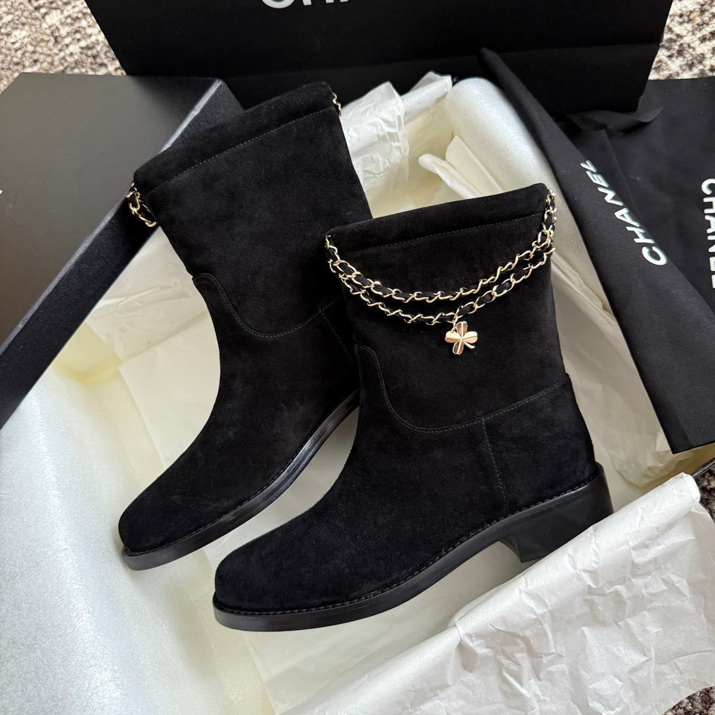 Chanel Women's Fall/winter Fashion Classic Solid Color Leather Suede Round Toe Cuffed Chunky Heel Chain Pendant Ankle Boots Shoes #79218