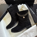 Chanel Women's Fall/winter Fashion Classic Solid Color Leather Suede Round Toe Cuffed Chunky Heel Chain Pendant Ankle Boots Shoes #79218