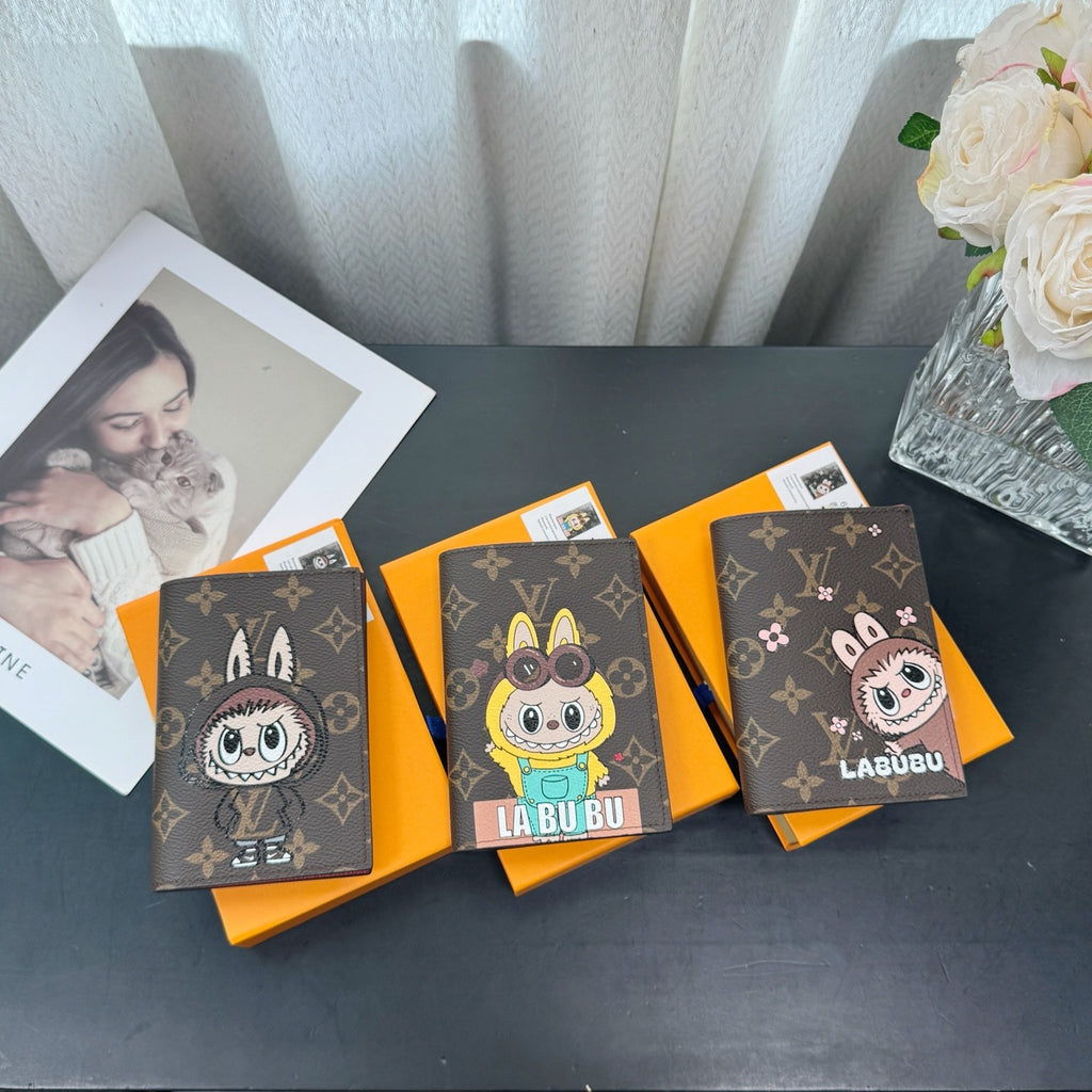Louis Vuitton Labubu Pattern Printed Flip-Top Brown Leather Wallet Passport Holder with Letter Print Bag Bags #77788