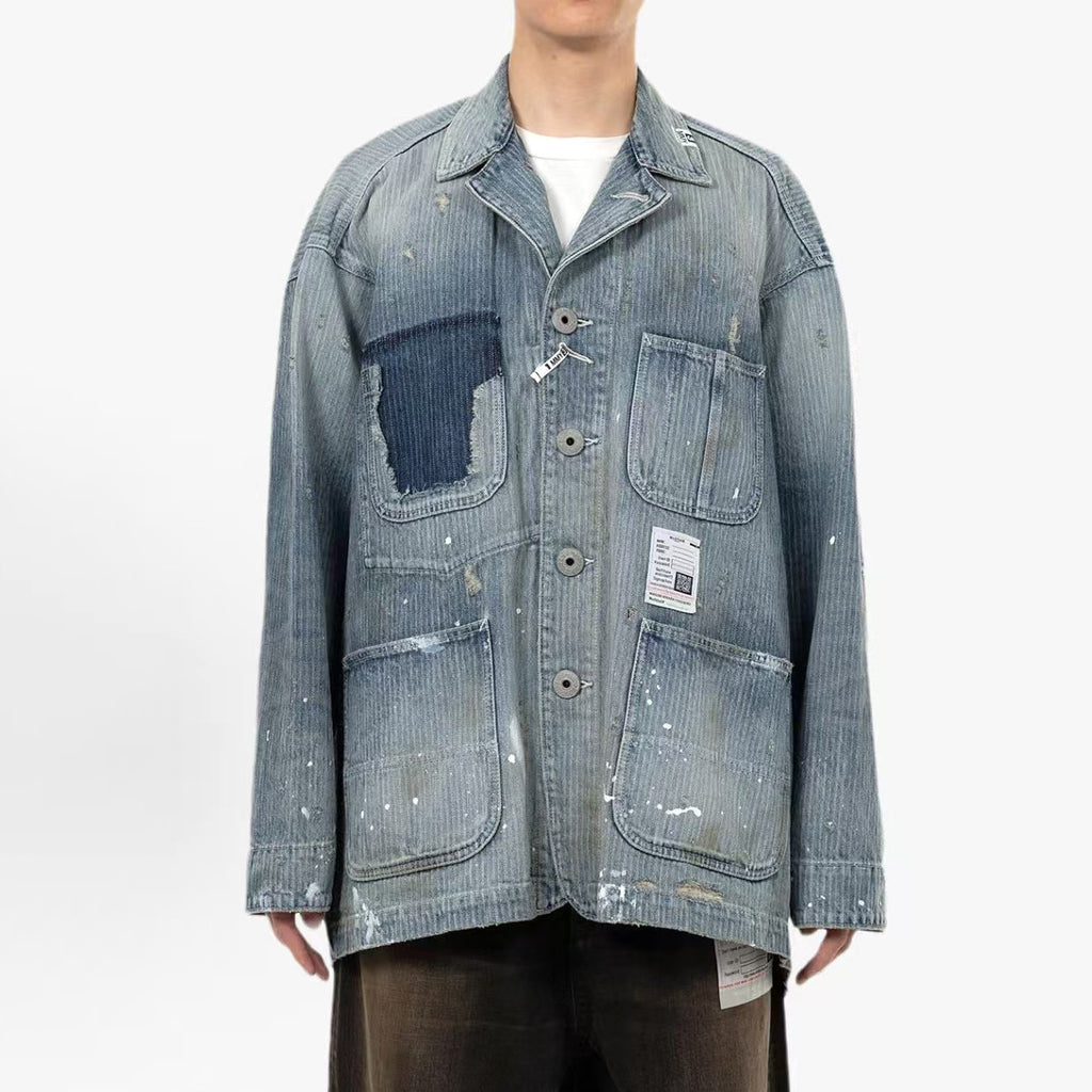 Maison Mihara Yasuhiro Men's Spring/Summer Fashion Casual Lapel Single Breasted Washed Distressed Cotton Jacquard Denim Jacket #79499