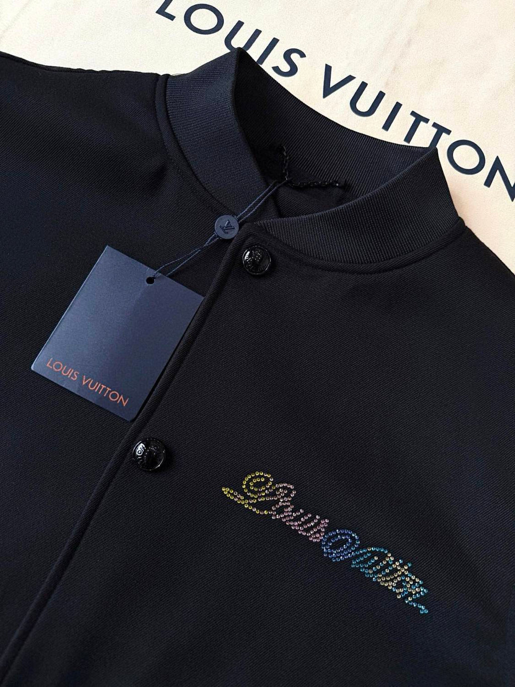 Louis Vuitton Men's Spring And Fall Solid Color Mixed Leather Single Breasted Drawstring Baseball Jacket #76378