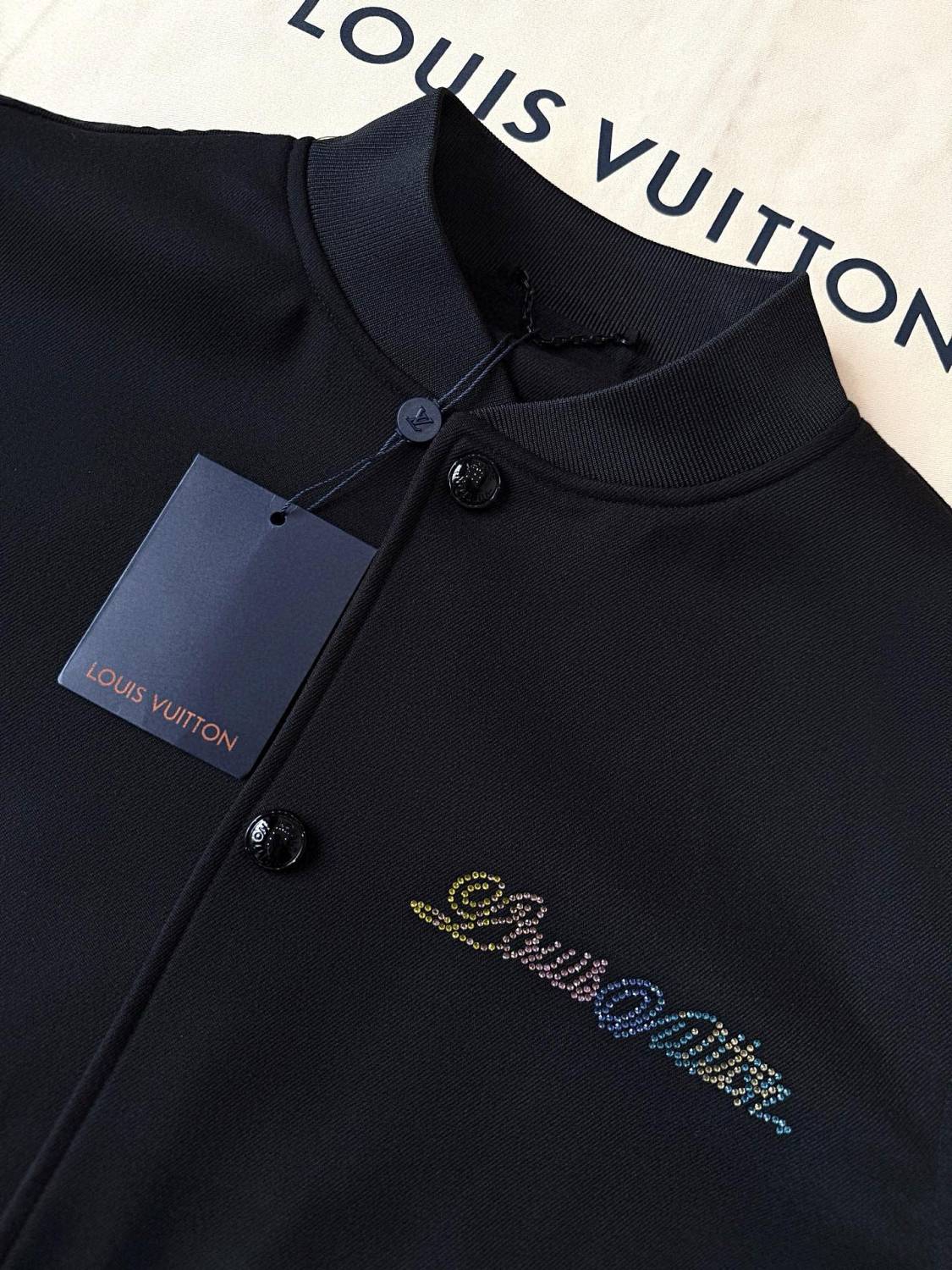 Louis Vuitton Men's Spring And Fall Solid Color Mixed Leather Single Breasted Drawstring Baseball Jacket #76378