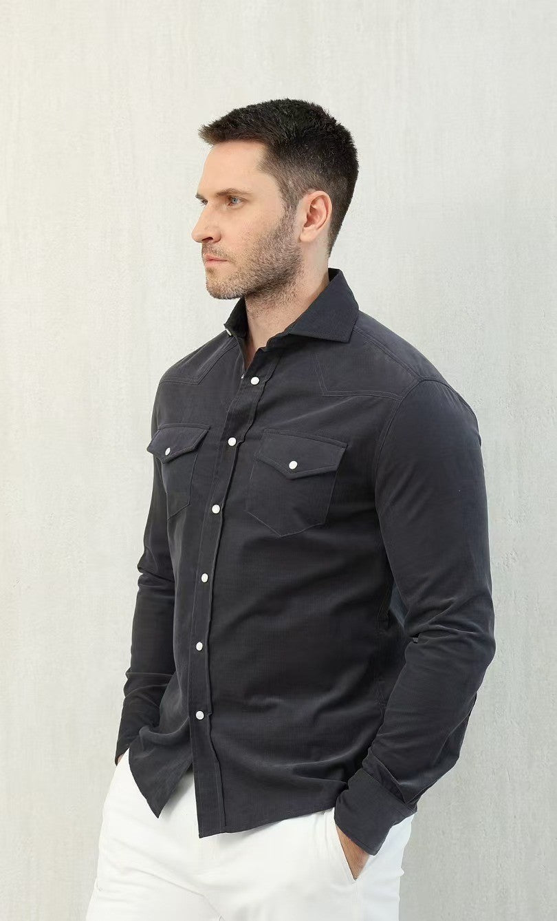 Brunello Cucinelli Men's Spring And Fall Cotton Lapel Solid Color Single-Breasted Chest Pocket Long Sleeve Fitted Shirt Ngvp #1557