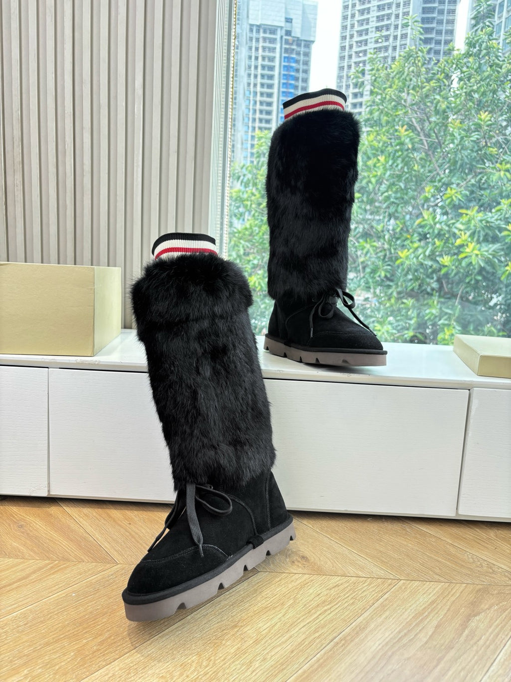 Brunello Cucinelli Women's Fall/Winter Suede Cowhide Rabbit Fur Round-Toe Zipper Lined Lamb Wool High-Top Boots Casual Solid-Color Snow Boots Shoes #81588