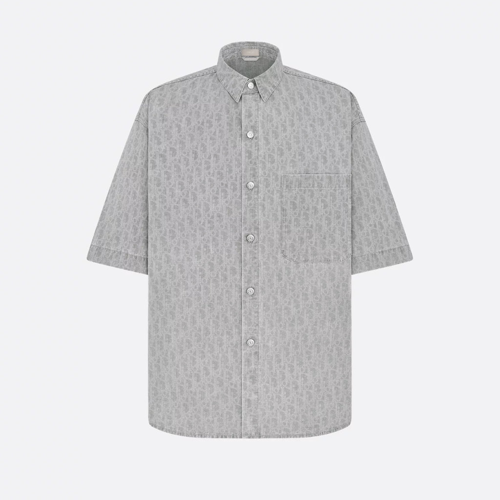 Dior Men's Spring Summer Grey Cotton Denim Oblique Printed Lapel Single Breasted Shirt Denim Straight Wide Leg Shorts Set Suit  #81256