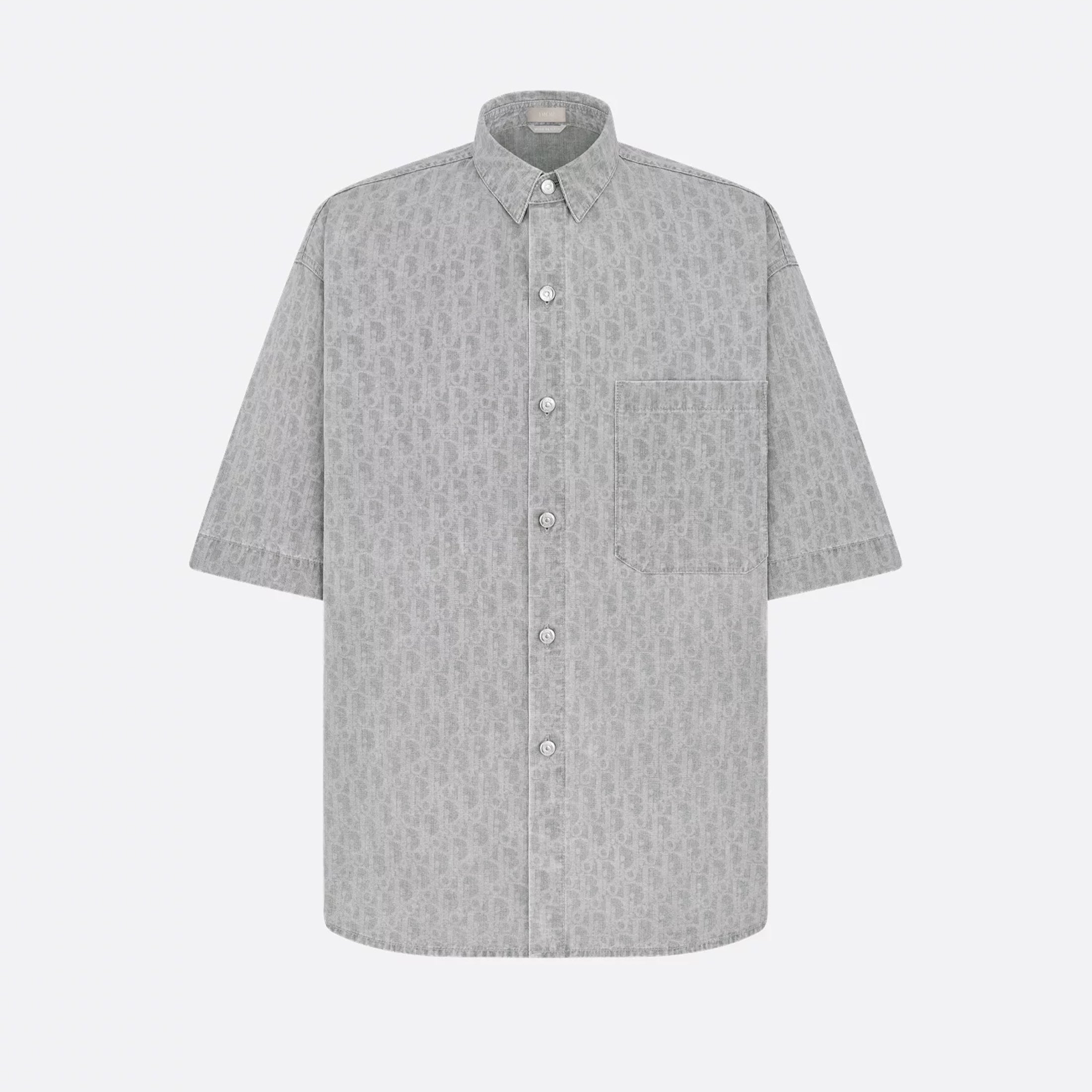 Dior Men's Spring Summer Grey Cotton Denim Oblique Printed Lapel Single Breasted Shirt Denim Straight Wide Leg Shorts Set Suit  #81256