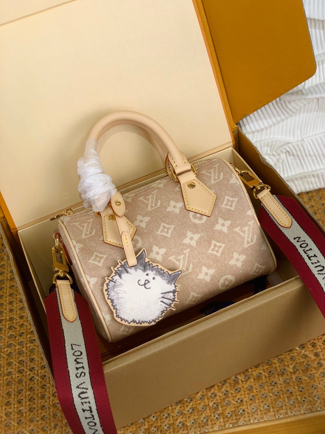 LOUIS VUITTON SPEEDY BANDOULIÈRE 20 Bag Monogram Canvas LV Travels X Grace Coddington Collaboration Series Cat shape pendant #332321