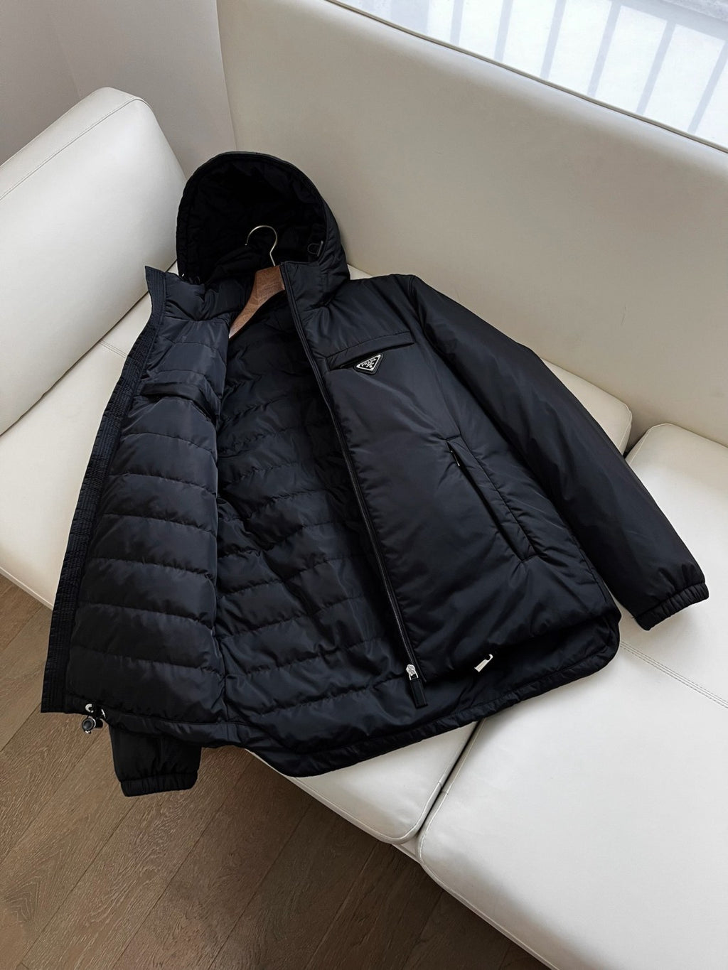 Prada Men's Autumn and Winter Solid Color Letter Logo Hooded Warm Zipper Long Sleeve Puffer Down Jacket #73422