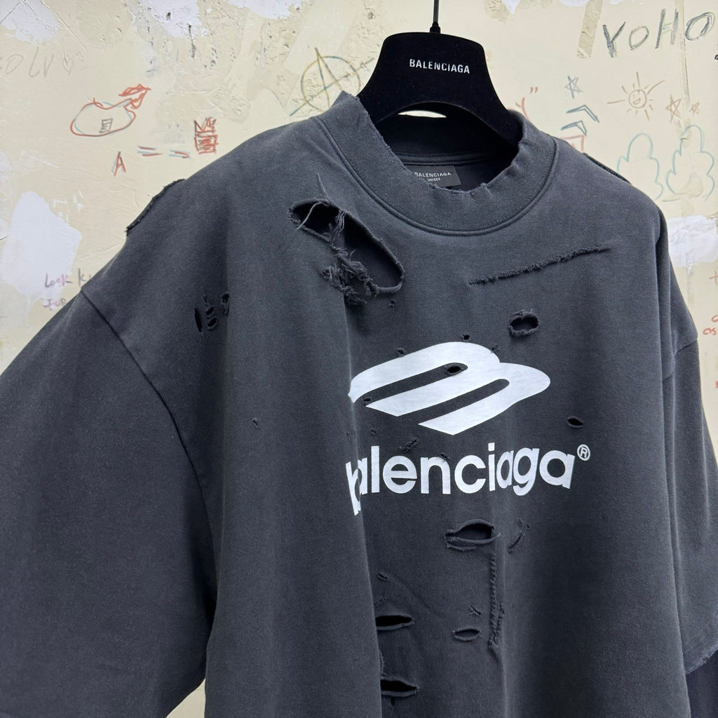 Balenciaga Men's Spring Summer 3B Sport Icon Black and Washed Black Destroyed Vintage Plain Knit Medium Fit Layered T-Shirt #75966