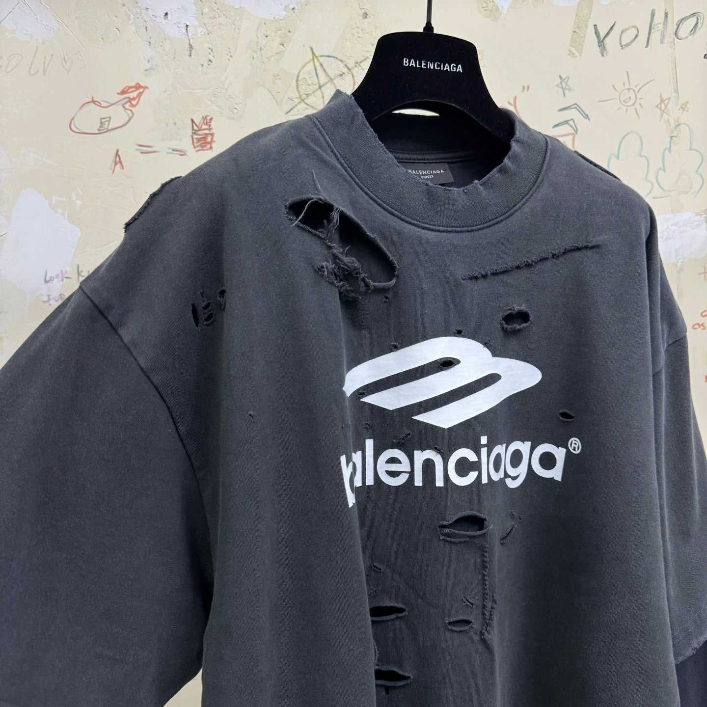 Balenciaga Men's Spring Summer 3B Sport Icon Black and Washed Black Destroyed Vintage Plain Knit Medium Fit Layered T-Shirt #75966