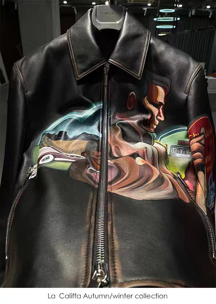 Dior Men's Fall/Winter Character Print Brown Zipper Lapel Leather Jacket #72144
