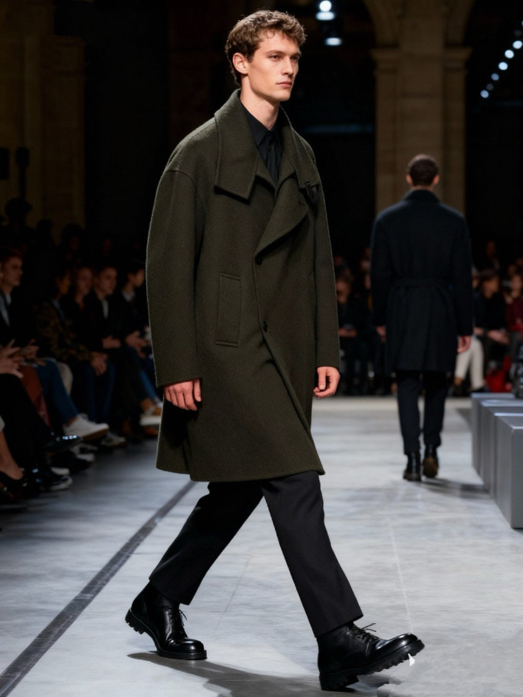 Hermes Men's Large Lapel Wool Slightly Wide Version Long Cashmere Coat #333099