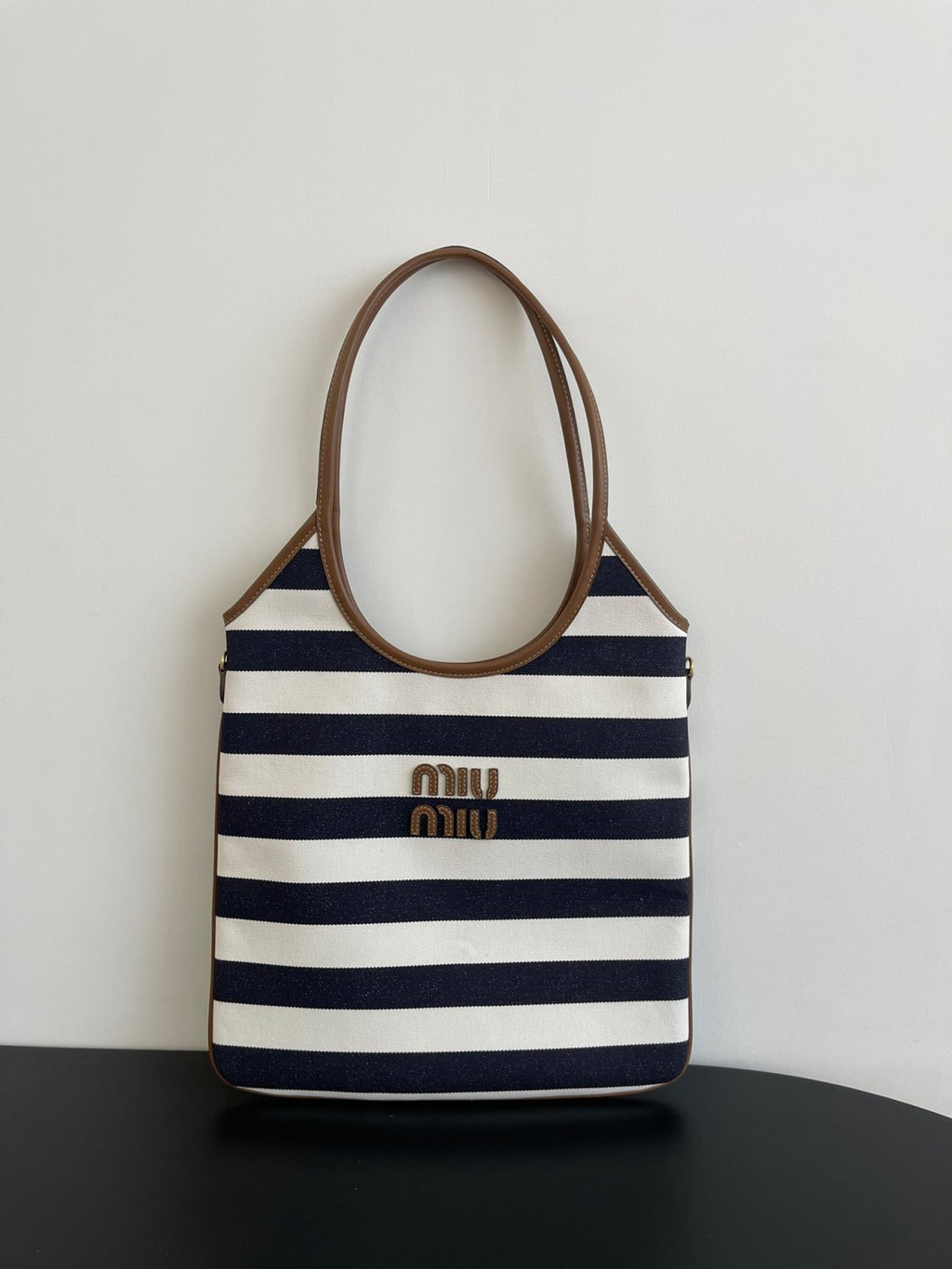 MiuMiu IVY Women's Embroidered Letter Print Striped Canvas and Leather Handbag Tote Bag Bags #77934