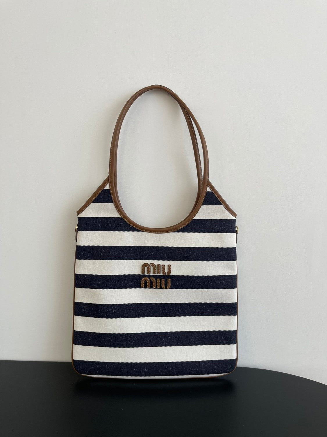 MiuMiu IVY Women's Embroidered Letter Print Striped Canvas and Leather Handbag Tote Bag Bags #77934