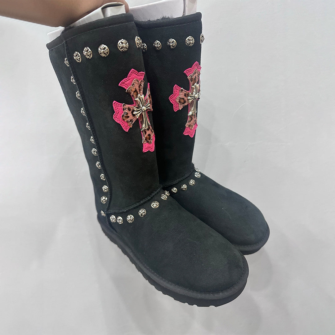 Chrome Hearts x UGG Men's And Women's Retro Color Block Heavy Duty Studded Snow Boots Winter High Top Boots Casual Shoes #81468