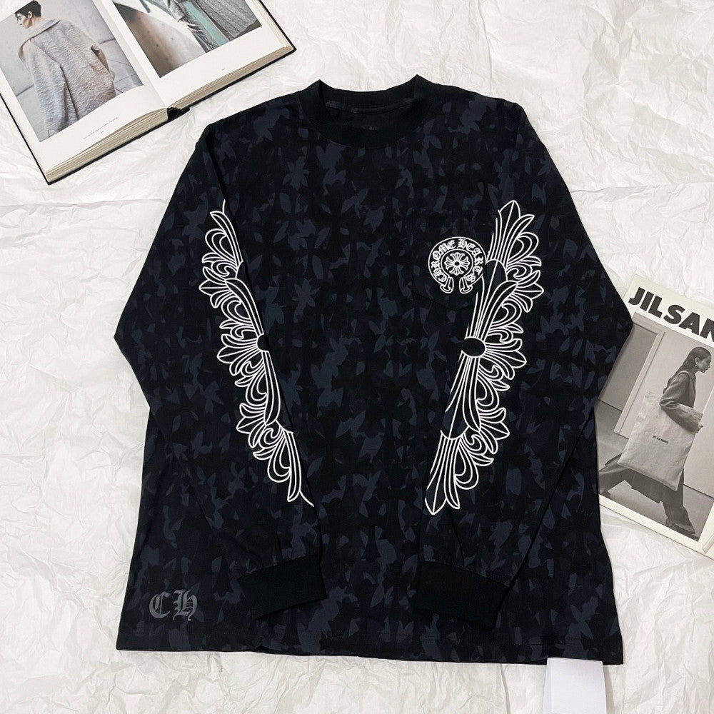 Chrome Hearts Men's Summer Black Logo Print Round Neck Straight Long Sleeve T-Shirt #73991
