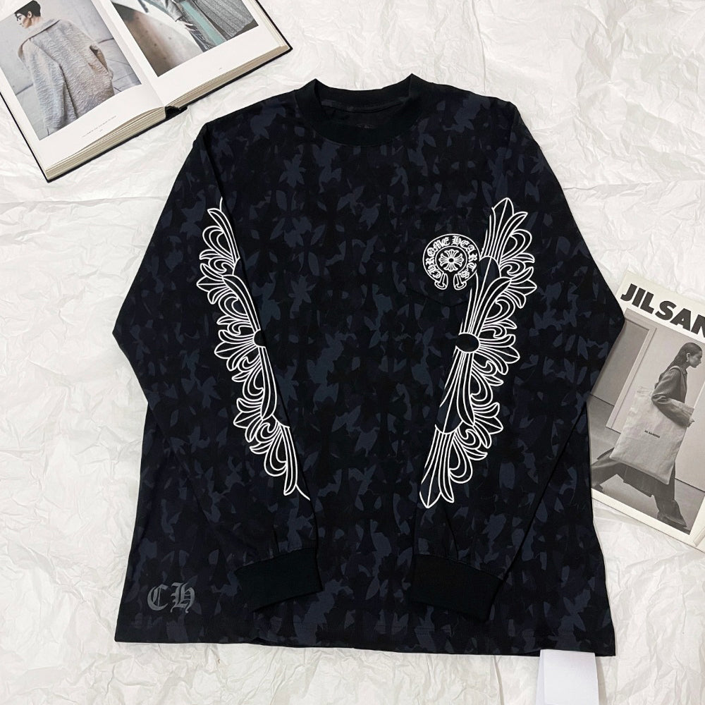 Chrome Hearts Men's Summer Black Logo Print Round Neck Straight Long Sleeve T-Shirt #73991