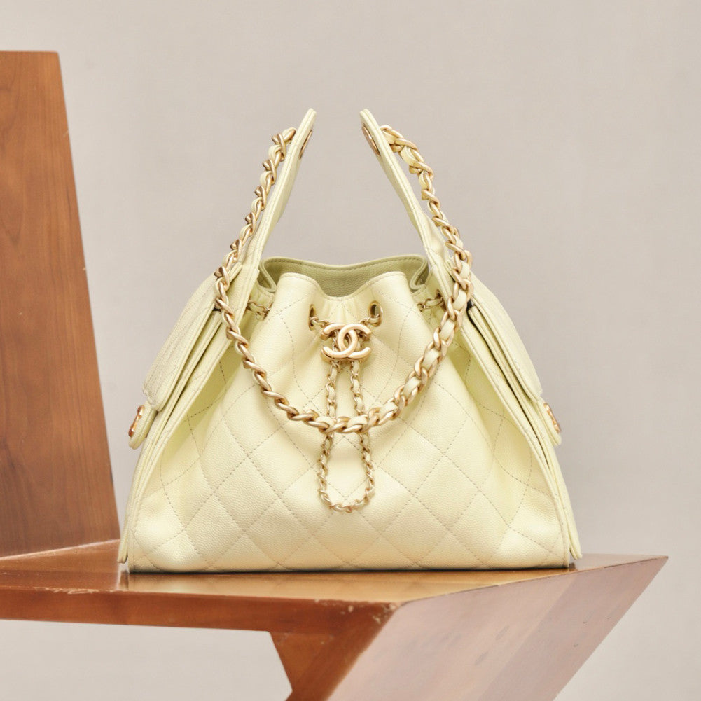 Chanel Women's Fashion Classic Solid Color Leather Logo Drawstring Underarm Bag Chain Handbag Tote Shoulder Bag Bags AS5293-B20304-U2367 Metallic-colored Leather Tends To Fade Easily #78855