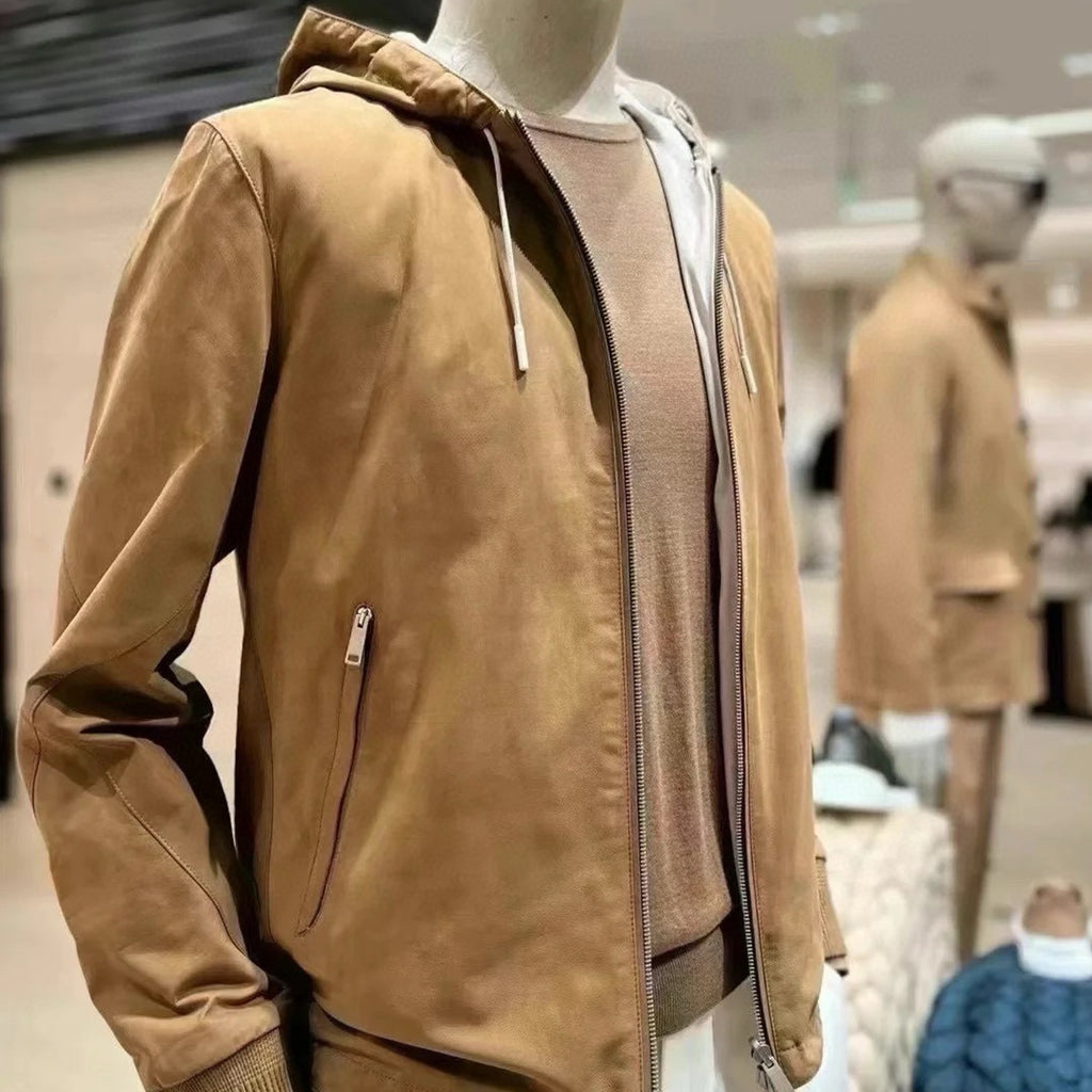 Ermenegildo Zegna Men's Spring And Autumn Reversible Leather Coat Zip Hooded Jacket Pure Colour Temperament Comfortable Leather Jacket Ngvp #1592