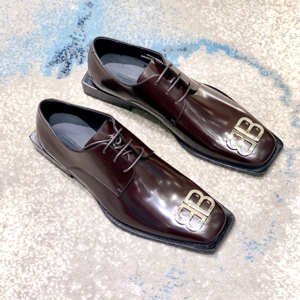 Balenciaga Men's Solid Colour Square Toe Metal BB Logo Cowhide Leather Shoes #77218
