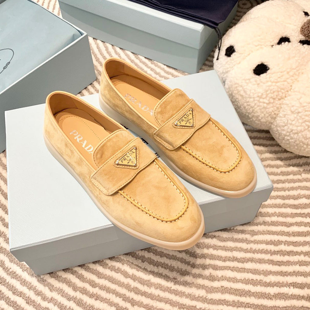 Prada Men's And Women's Spring/Summer Solid Color Fashionable Casual Round Toe Slip On Loafers In Cow Suede With Triangular Logo Shoes #78267