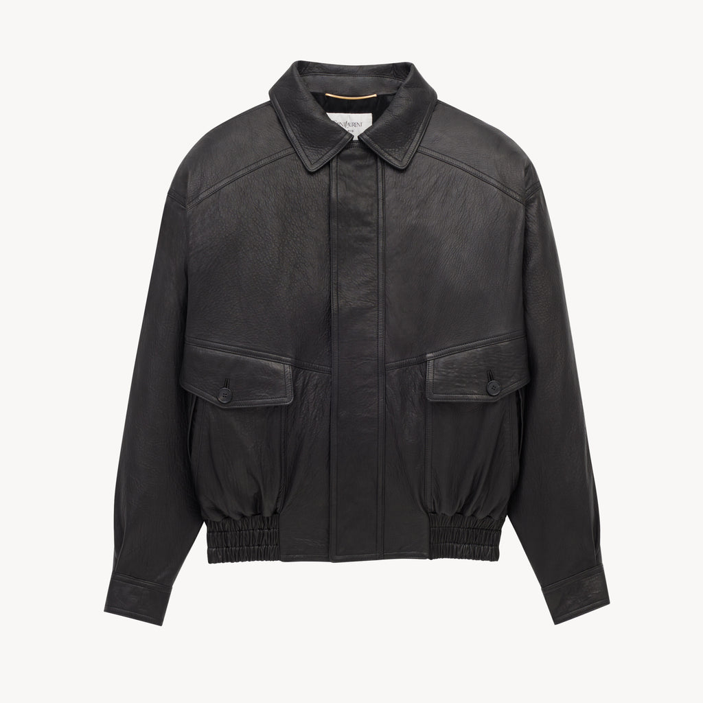 SAINT LAURENT  Men's & Women's Fall/Winter Fashion Classic Solid-Color Leather Lapel Zipper Button Leather Flight Jacket Leather Jacket #78841