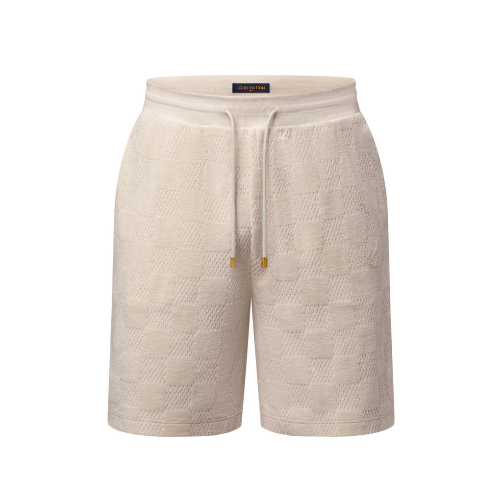 Louis Vuitton Men's Summer Solid Color Checkered Print Cotton Terry Cloth Drawstring Shorts #77876